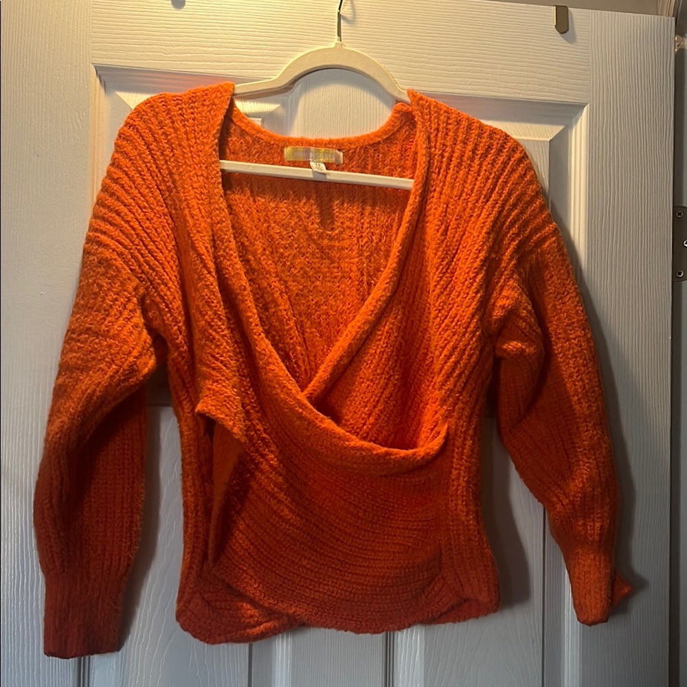Urban Outfitters Vibrant Orange V-Neck Sweater with Chunky Knit and Long Sleeves